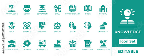 Knowledge Icon Set. Includes icons of books, learning, brain, education, ideas, and skills. Perfect for e-learning, academic, training, and personal development projects.