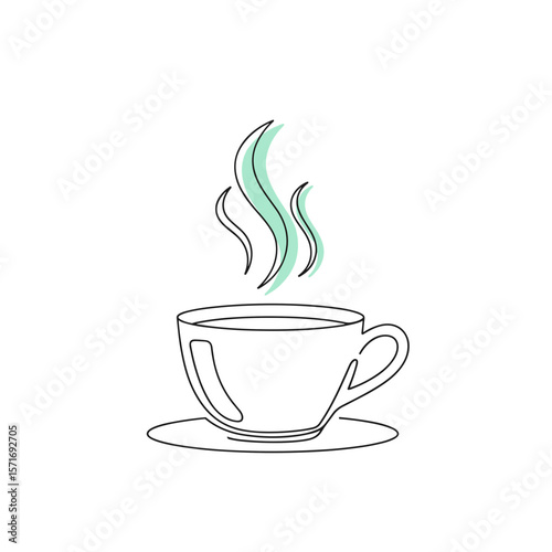 Line art of steaming coffee cup on saucer with mint accents  