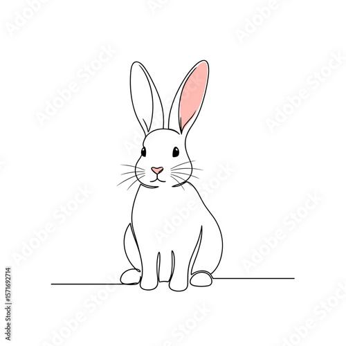 Cute white rabbit sitting with pink ears in a simple outline  