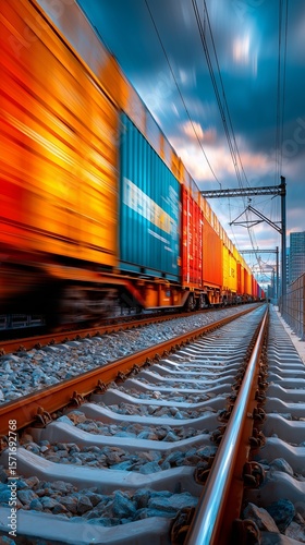Vibrant freight train in motion captures dynamic colors and industrial energy, showcasing modern transportation against a vivid sky.