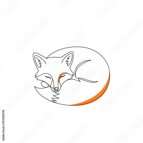 Simple line art of a sleeping fox curled up in orange accents  