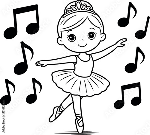 A black and white drawing of a ballerina with musical notes surrounding her on a white background