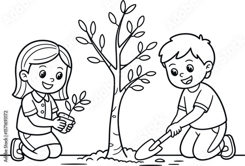 A coloring page illustration of a boy and a girl planting a tree with a shovel and a sapling