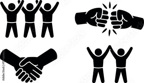 Black and white image showing stick figures celebrating, fist bumping, and shaking hands together