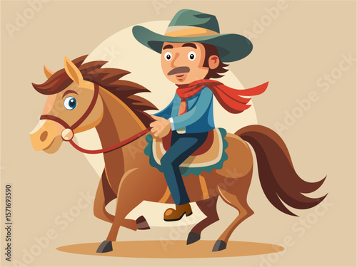 Classic hand-drawn cartoon cowboy wearing oversized hat and boots riding horse through desert