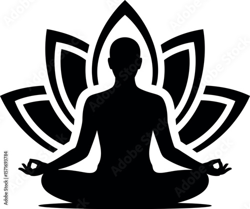 Silhouette of a person meditating in lotus position with a lotus flower in the background art