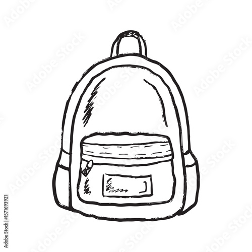 School casual backpack in black brush stroke texture isolated on white. Hand drawn vector sketch illustration in vintage charcoal ink. Casual fashion accessory design, back to school concept