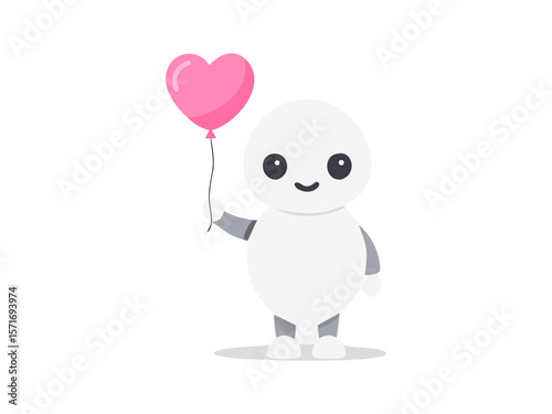 Minimal robot figure with heart balloon expressing love and joy in soft toned image