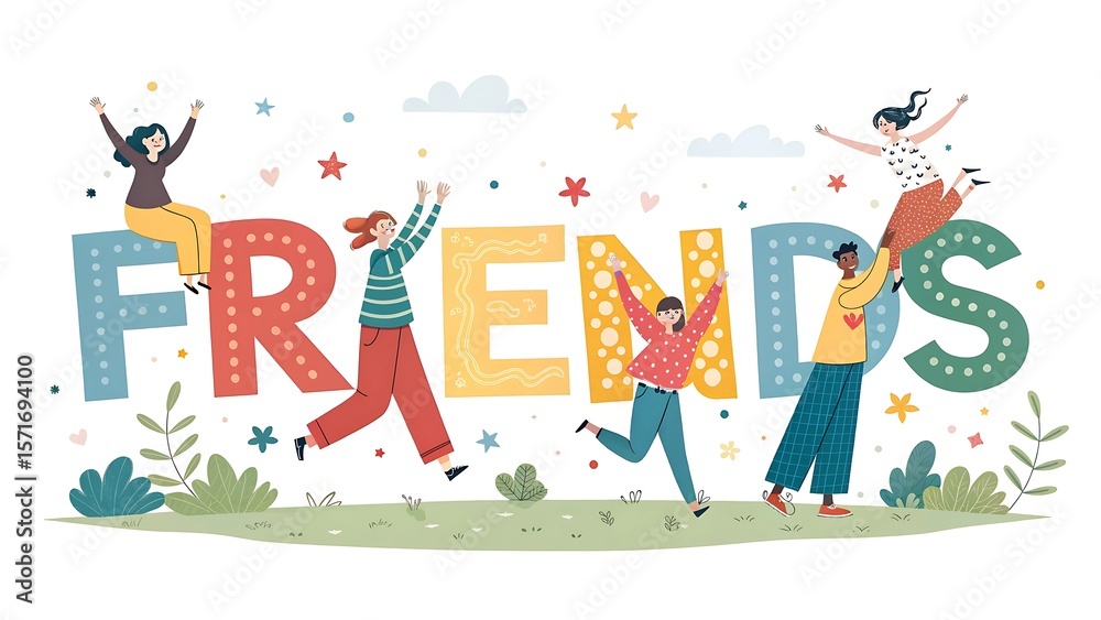 Obraz premium Diverse group of friends celebrating together with large colorful letters spelling out friends isolated on white background