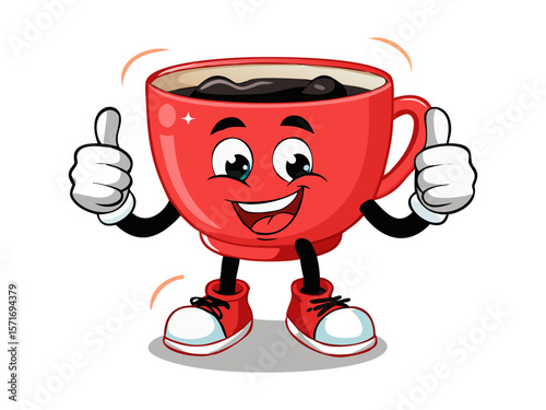 Red coffee cup mascot with arms and sneakers giving thumbs up in fun style