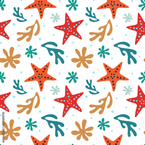 Seamless marine pattern. Starfish and corals on a white background. Vector illustration in a flat style