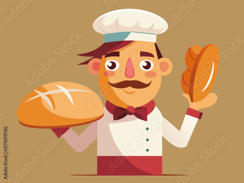 Retro cartoon chef with large mustache skillfully tossing pizza dough in midair