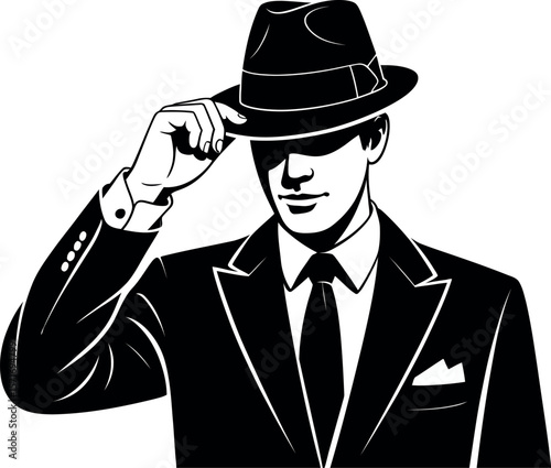 Illustration of a man in a suit and fedora hat tipping his hat in a black and white image style