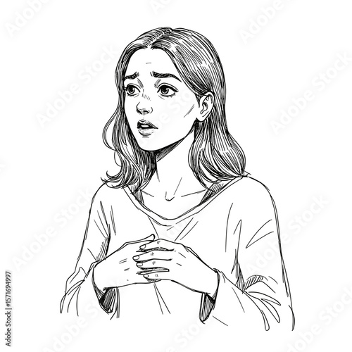 Nervous young woman with wavy hair showing anxiety on white background