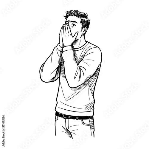 Relieved young man covering his face with hands on white background
