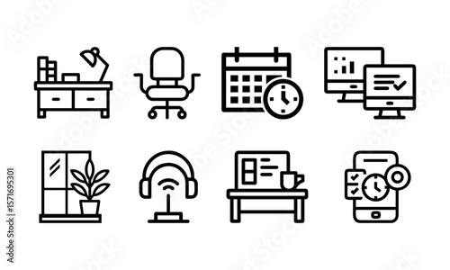 Office and Workspace icon outline set. a cozy office setup with desks, plants, calendars, gadgets like smartphones and laptops, and office chairs.