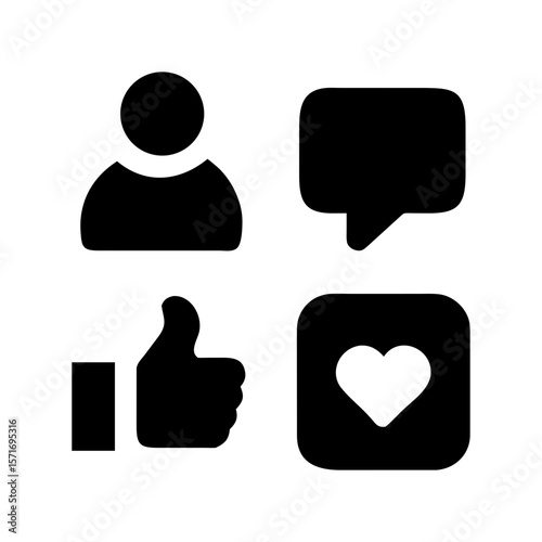 Chat Interface Icons. A vector set of communication and social interaction icons, including user profiles, chat bubbles, like and heart symbols. Ideal for messaging apps, user feedback systems.