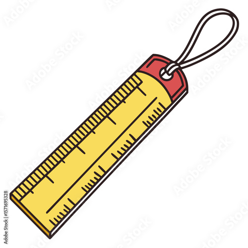 Yellow ruler bookmark with red top and loop for hanging  