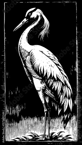Traditional crane painting in black and white style  