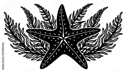 Starfish surrounded by seaweed as a design element  