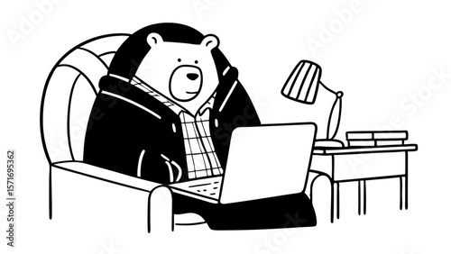 Cartoon bear working on laptop while relaxing in an armchair  