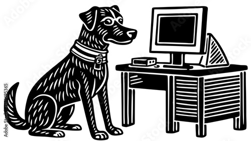 Dog sitting at a computer desk in simple black and white illustration  