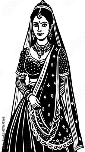 Young Indian bride in traditional indian wedding attire with jewelry  