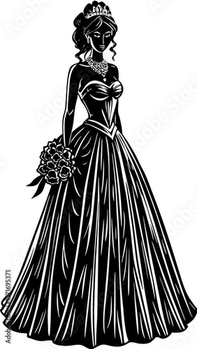 Bride wearing a ball gown wedding dress holding bouquet in black and white style