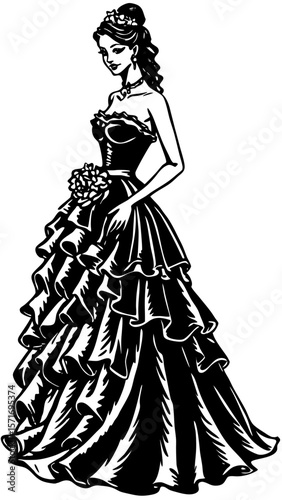 Elegant bride in ruffled wedding gown holding bouquet  
