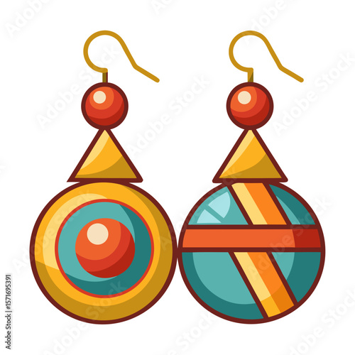 Colorful asymmetric earrings with circular and triangular designs  