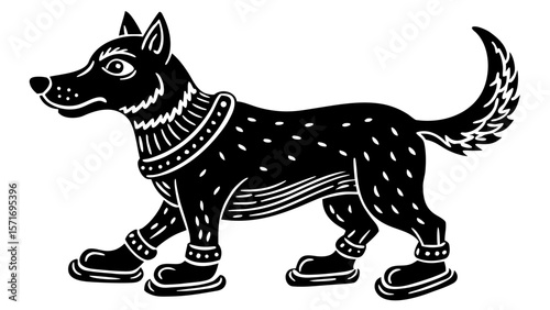 Black dog wearing ice skates and walking on white background  