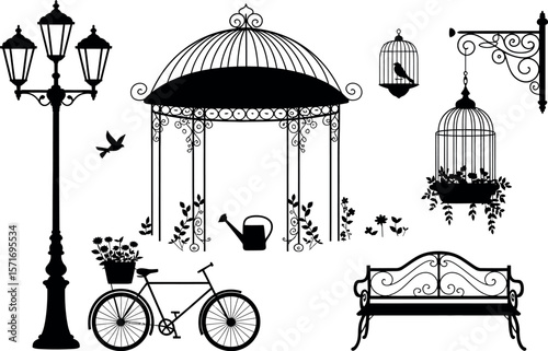 Silhouette illustration of a garden scene with gazebo, birdcages, and bicycle with flowers