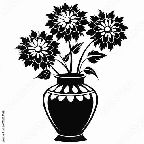 Stylized Black and White Image of Flowers in a Vase, Floral Design Element