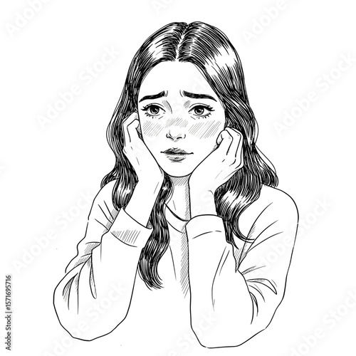 Smitten young woman with wavy hair resting her face on hands on white background