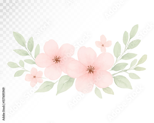 Delicate watercolor floral arrangement with soft pastel pink flowers and green leaves, baby shower invitations, greeting cards, and elegant celebration designs. Vector illustration.