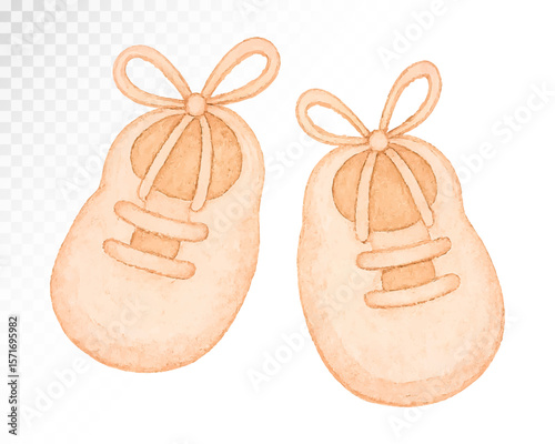 Watercolor baby booties illustration in soft pastel shades, perfect for baby shower invitations, nursery prints, greeting cards, and adorable newborn celebration decorations. Vector illustration.