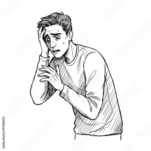 Desperate young man with short hair expressing hopelessness on white background
