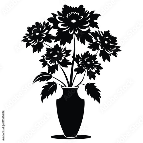 Black Silhouette of Chrysanthemum Flowers in Vase | Elegant Floral Design Element