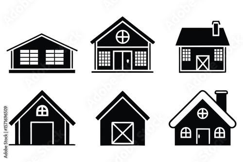 Black silhouettes of various house designs with windows and doors house icons building silhouettes