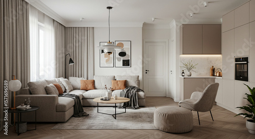 Modern Interior Harmony: A thoughtfully designed interior space, showcasing a harmonious blend of natural light, textures, and a neutral palette.