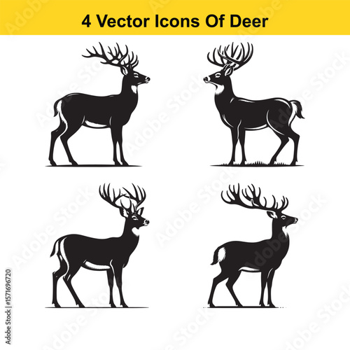 Black and White Deer Silhouette Standing Still – Flat Vector Illustration
