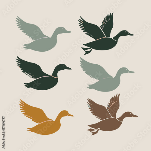 Six Duck Silhouettes in Various Poses Black and White Vector Illustration