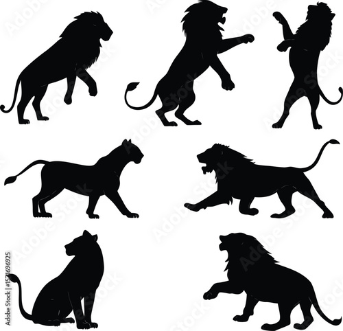 Lion silhouette bundle vector A collection of 9 black silhouettes in various poses, including jumping, standing, sitting. Each silhouette is clean and minimal,contrast, no details inside the shapes, 