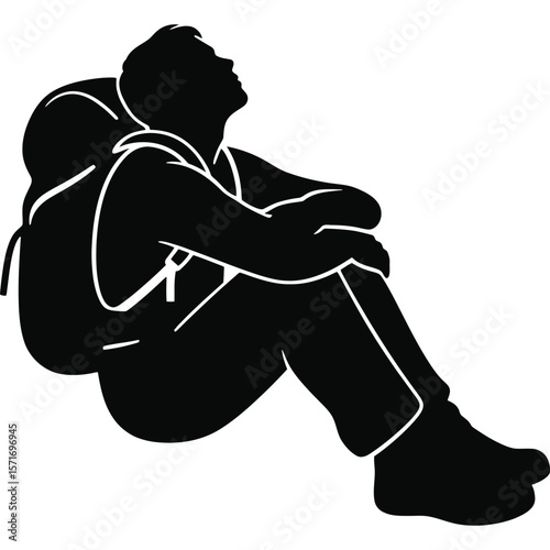 Silhouette of a Backpacker Sitting and Looking Upward, Contemplative Traveler, Adventure
