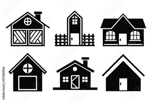 Black house icons with windows doors and chimneys silhouette building