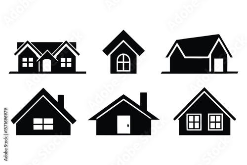 Various black house icons with windows and doors home building