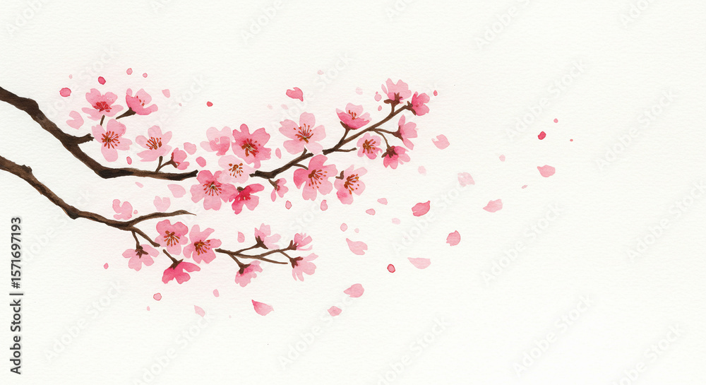 Cherry blossom branch in watercolor with petals blowing in the wind and light pink tones in minimal Japanese style Cherry blossom branch in watercolor with petals blowing in the wind and light pink tones in minimal Japanese style