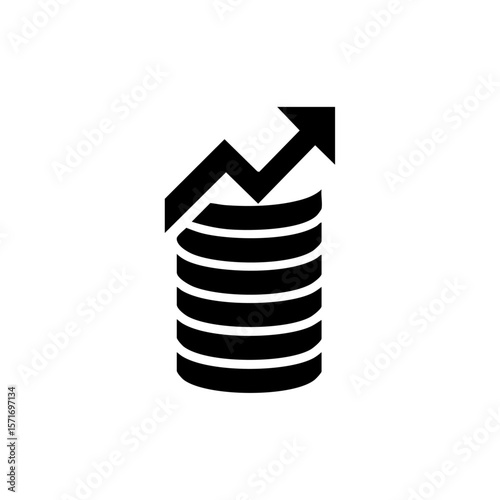 Minimal black icon of a coin stack with an upward arrow, representing financial growth, investment returns, and economic progress.

