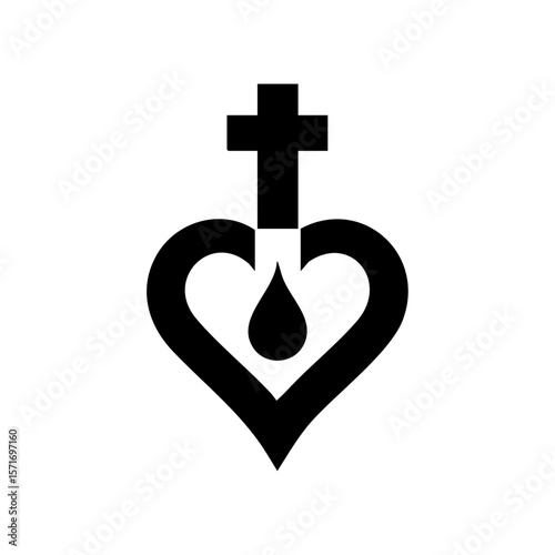 Minimalist black icon of a heart with a droplet and a cross, representing sacred love, faith, or the divine heart.
