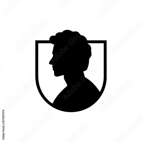 Minimalist vector logo of a person's silhouette in profile inside a shield, representing heritage, protection, or personal identity.

